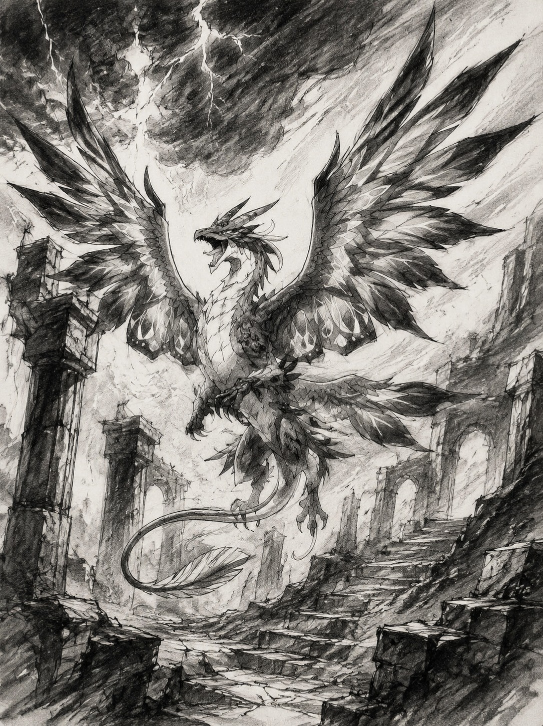 Weaving through ancient ruins At the peak of Stormterror's Lair (charcoal sketch, rough textures and expressive lines)