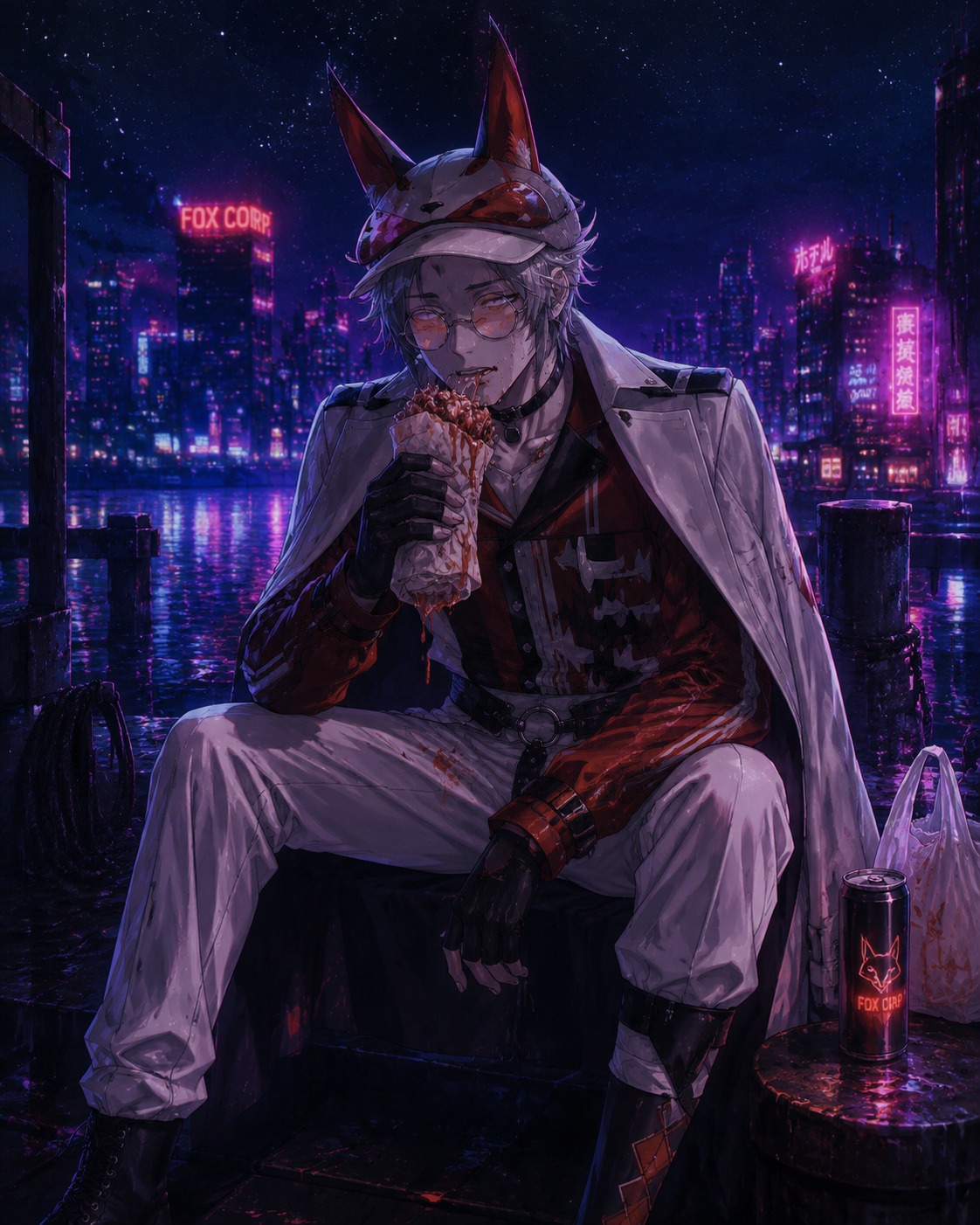 Eating a messy kebab while looking exhausted On a pier under a starry night sky (cyberpunk digital illustration with neon highlights)