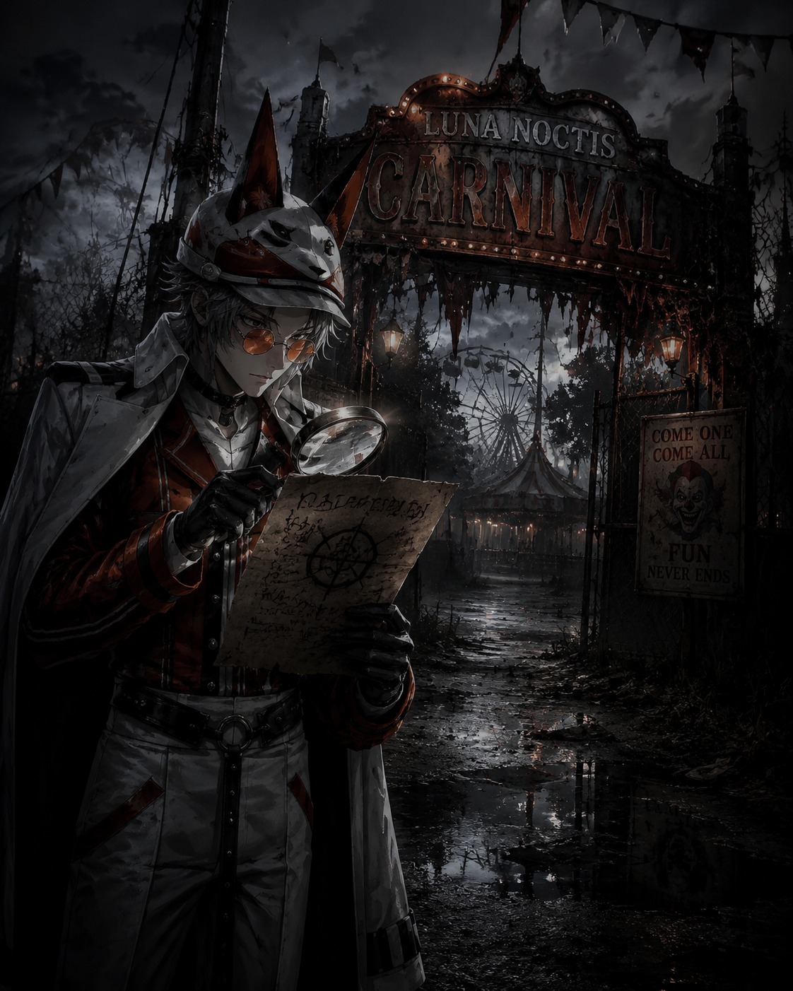 Examining a cryptic clue through a magnifying glass At the entrance of a spooky abandoned carnival (gritty detective noir with harsh shadows)