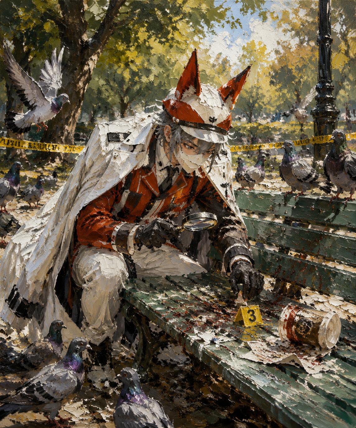 Scouring a messy crime scene for fingerprints At a sunny park bench surrounded by pigeons (oil painting with heavy textured brushstrokes)