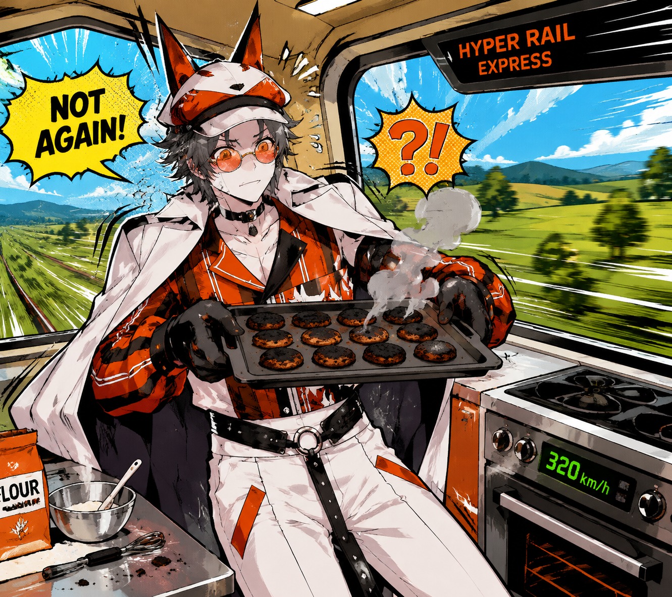 Struggling to cook a burnt tray of cookies On a high-speed train speeding through the countryside (vibrant pop art with bold outlines)