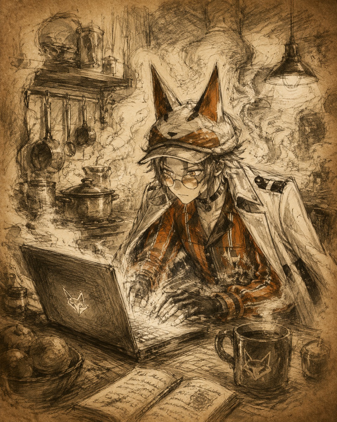 Typing frantically on a glowing laptop In a cozy kitchen filled with smoke (rough charcoal sketch on aged parchment)