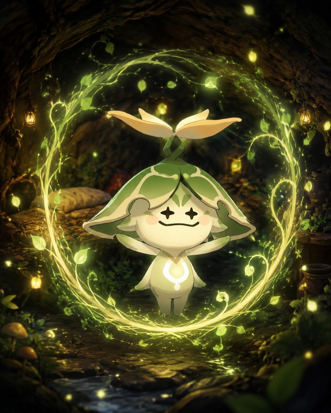 Conjuring a glowing barrier of vines In a cozy underground burrow lit by fireflies (cinematic bioluminescence, deep shadows)