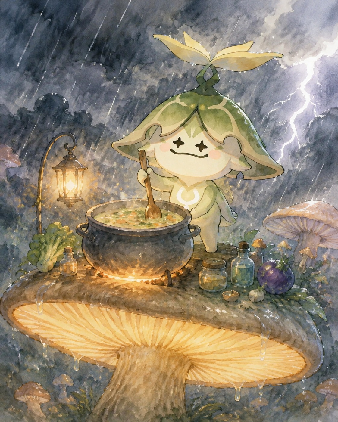 Cooking a mysterious vegetable soup On a giant glowing mushroom during a storm (watercolor anime, soft morning lighting)