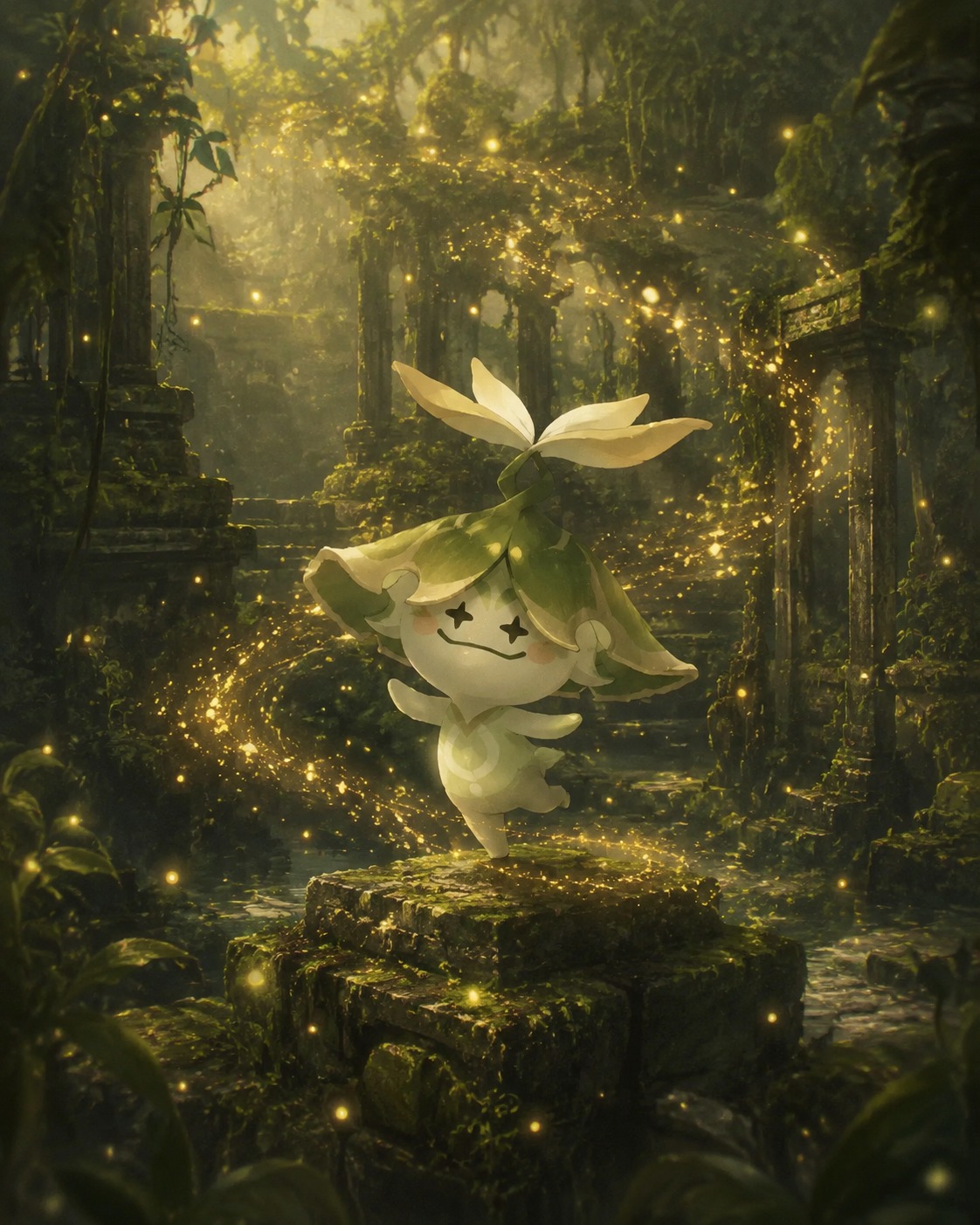 Dancing amidst a swirl of golden spores On a mossy stone ruin deep in the jungle (ethereal dreamcore, hazy surreal atmosphere)