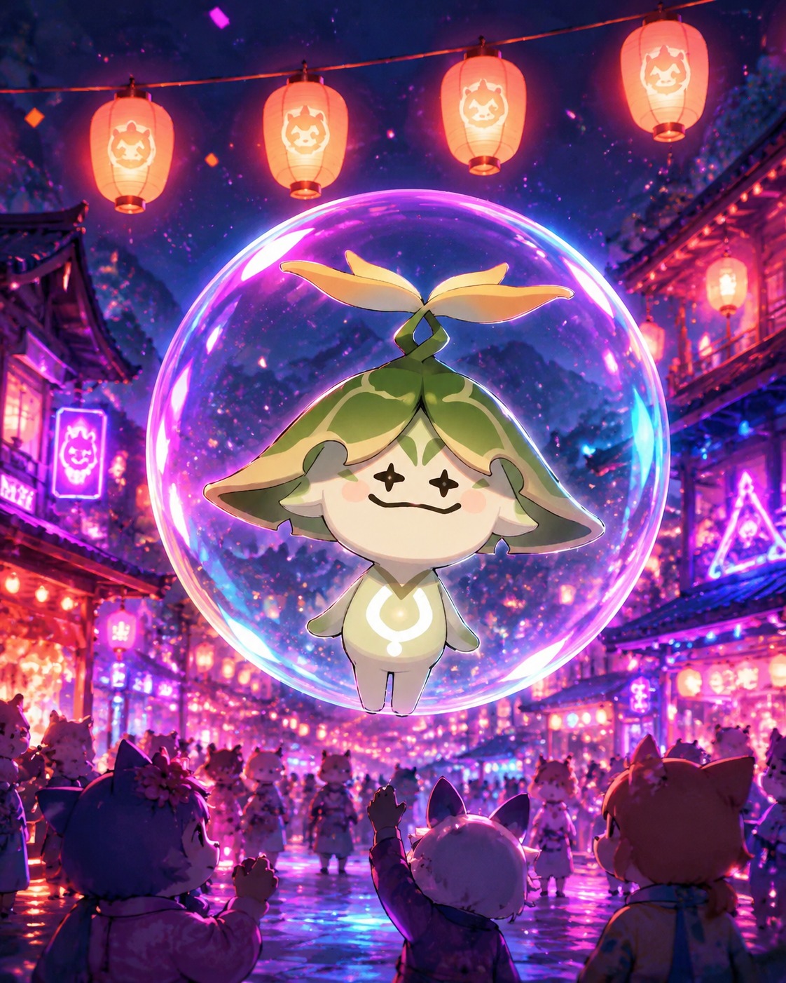 Floating inside a translucent bubble At a bustling village festival under paper lanterns (neon synthwave, vibrant digital glow)