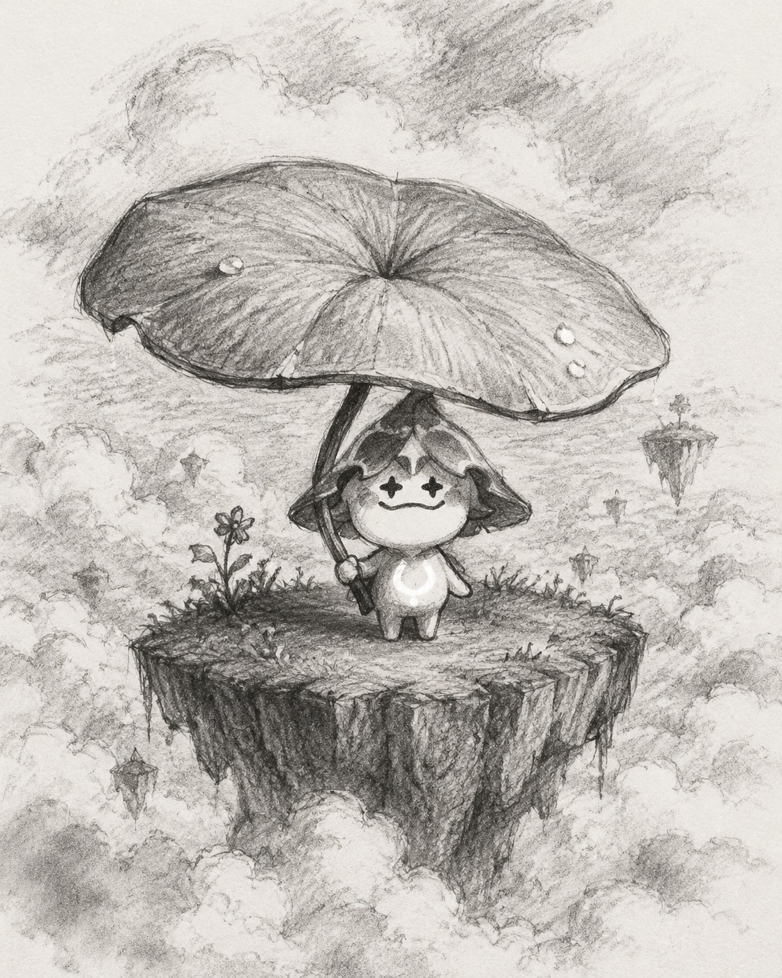 Hiding under a giant lotus leaf On a floating island above a sea of clouds (charcoal pencil sketch, rough textures)
