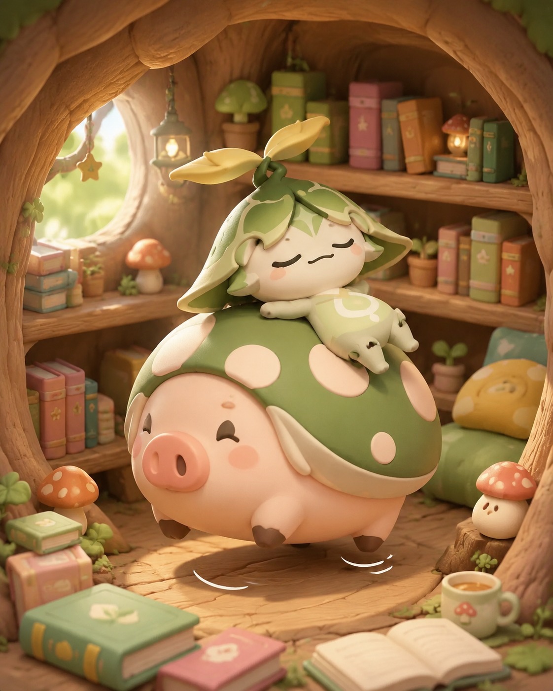 Napping atop a bouncy shroomboar In a hollowed-out tree trunk filled with books (chibi 3D render, pastel toy aesthetic)