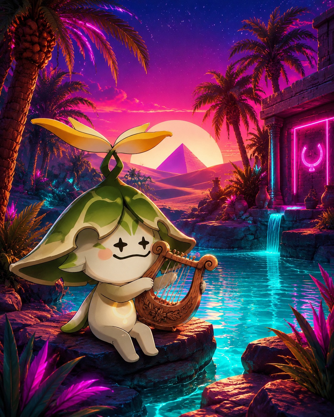 Playing a wooden vintage lyre In a hidden desert oasis with clear turquoise water (neon synthwave, vibrant digital glow)