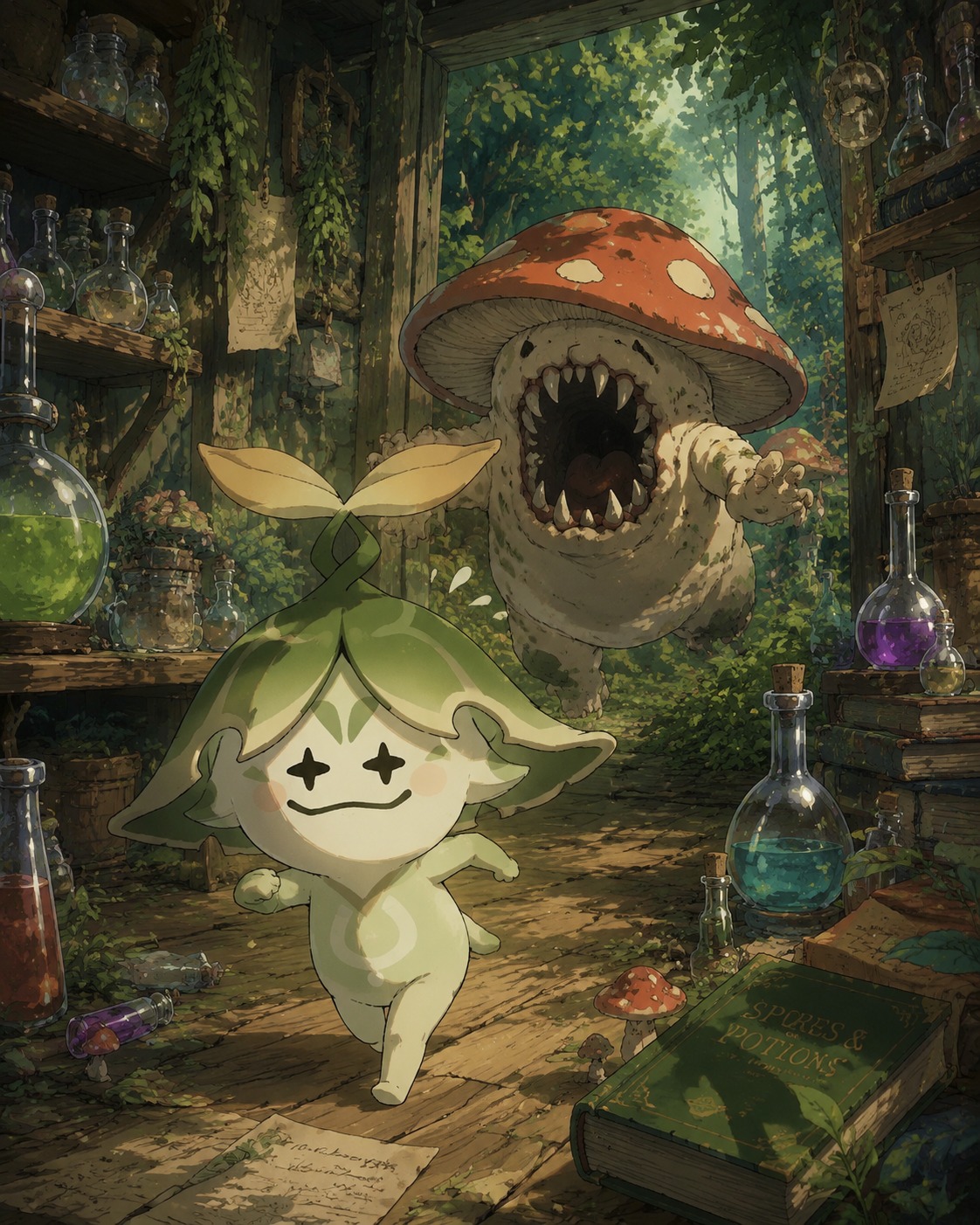 Sprinting away from a hungry fungi In a cluttered alchemist’s workshop with glass vials (Ghibli inspired, lush painted forest)