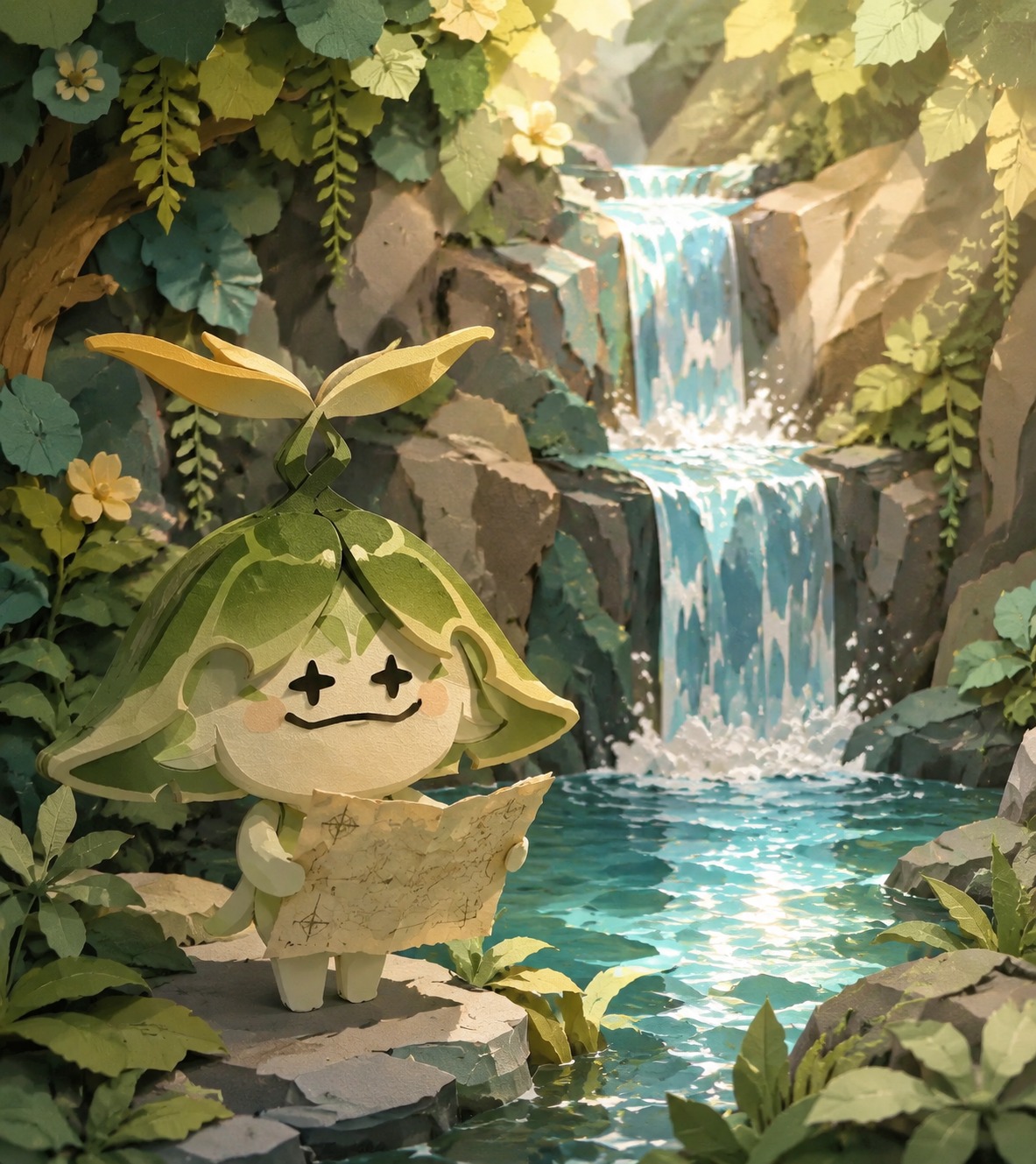 Staring blankly at a forgotten map At a shimmering sun-dappled waterfall (paper cutout craft, layered textures)