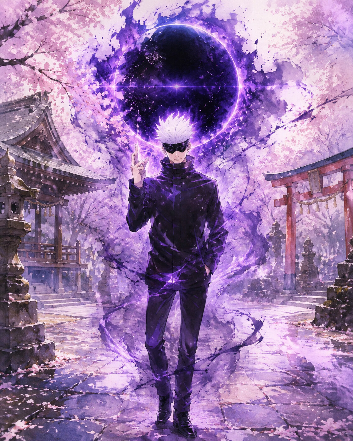 Activating the Infinite Void domain expansion in a quiet Shinto shrine during cherry blossom season (soft watercolor)