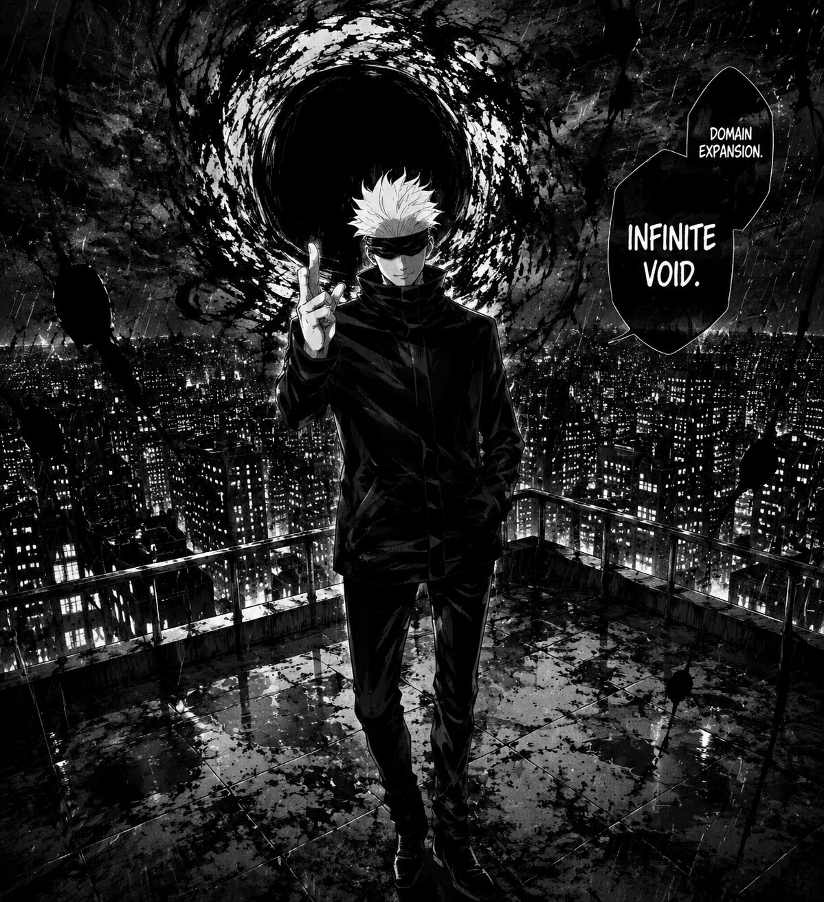Activating the Infinite Void domain expansion on a rooftop overlooking a rainy midnight cityscape (gritty manga style)
