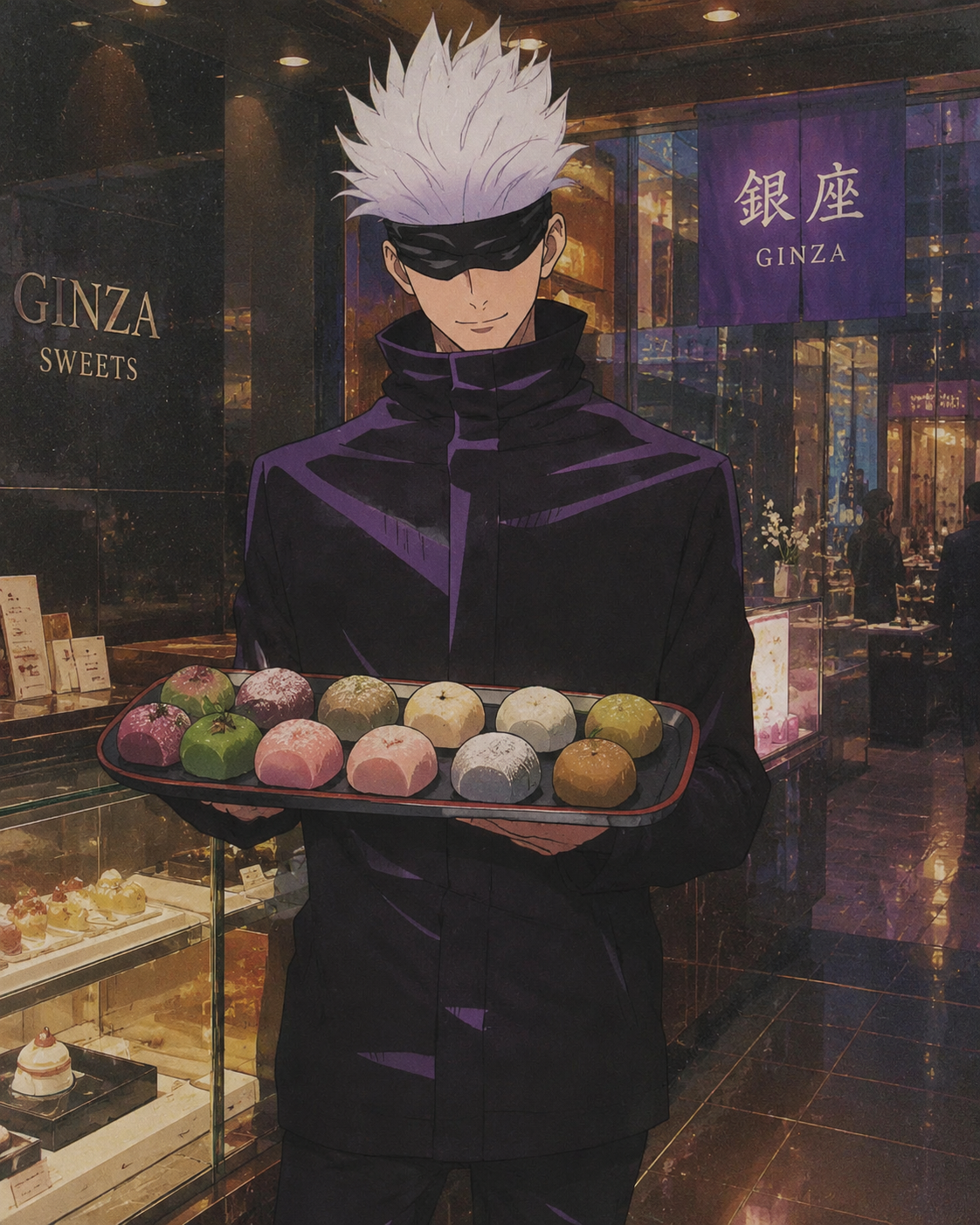 Balancing a tray of colorful sweet mochi At a luxury dessert shop in modern Ginza (retro 90s aesthetic, lo-fi textures)
