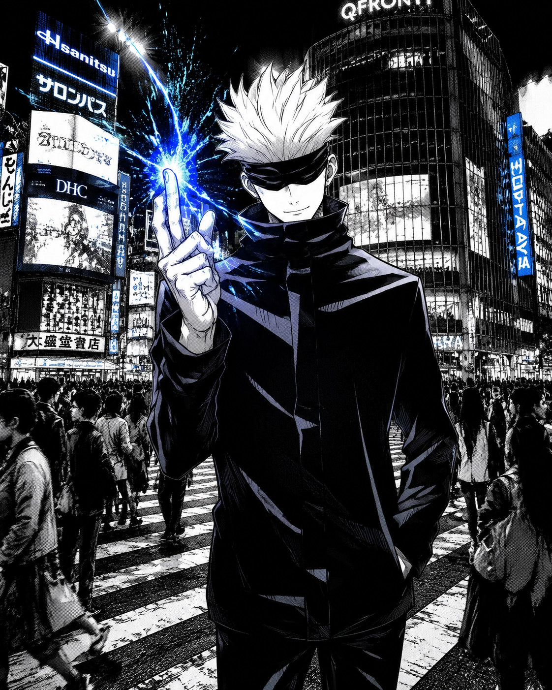 Flicking a blue energy spark from his fingertip At the bustling Shibuya crossing under neon lights (gritty manga style, high contrast ink)