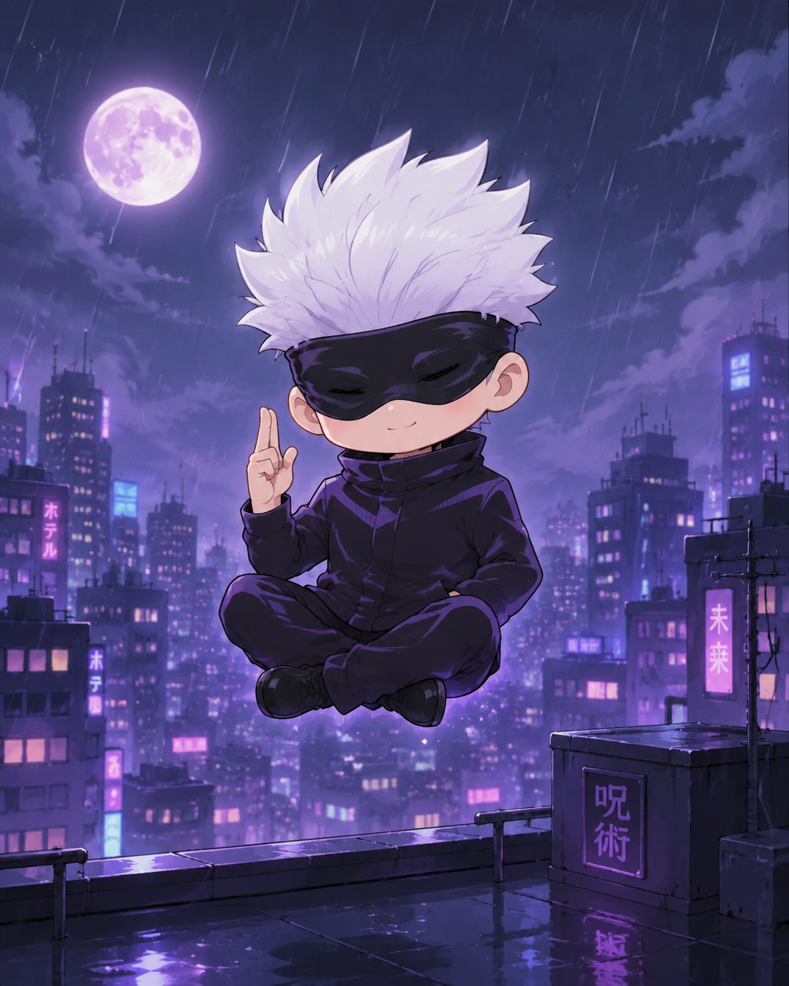 Floating cross-legged high above the ground On a rooftop overlooking a rainy midnight cityscape (chibi style, cute pastel colors)