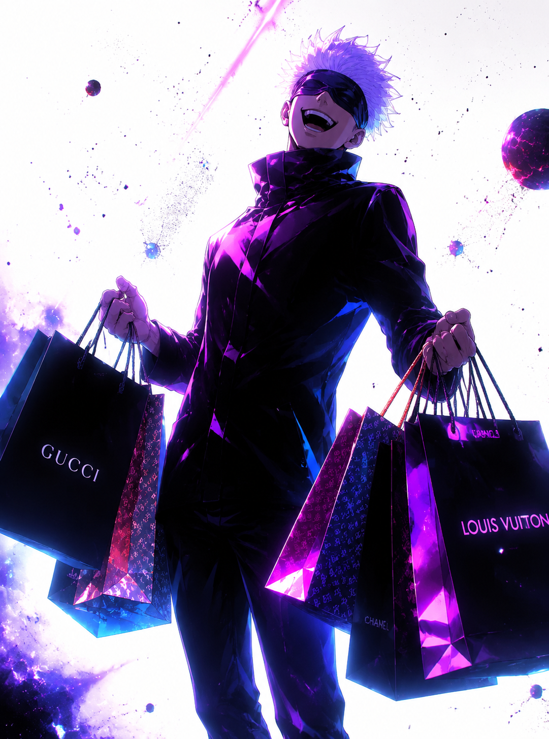 Laughing heartily while carrying luxury shopping bags In a void of infinite cosmic white space (cinematic noir, dramatic shadows and neon)