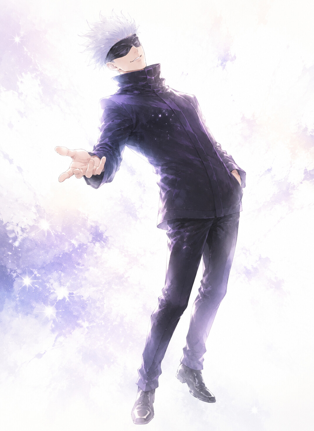 Leaning back with a playful smug grin in a void of infinite cosmic white space (soft watercolor)