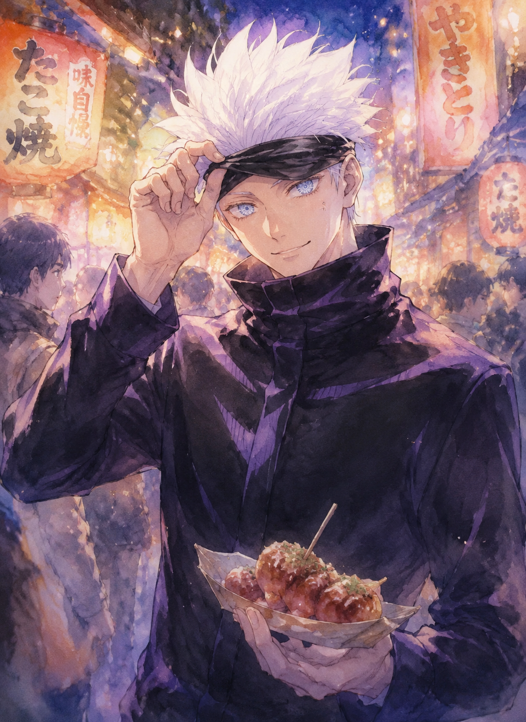 Lifting his blindfold to reveal the six eyes At a crowded night market holding street food (soft watercolor, ethereal glowing lighting)