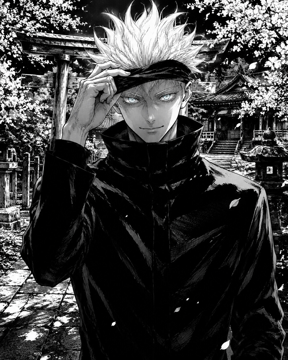 Lifting his blindfold to reveal the Six Eyes in a quiet Shinto shrine during cherry blossom season (gritty manga style)
