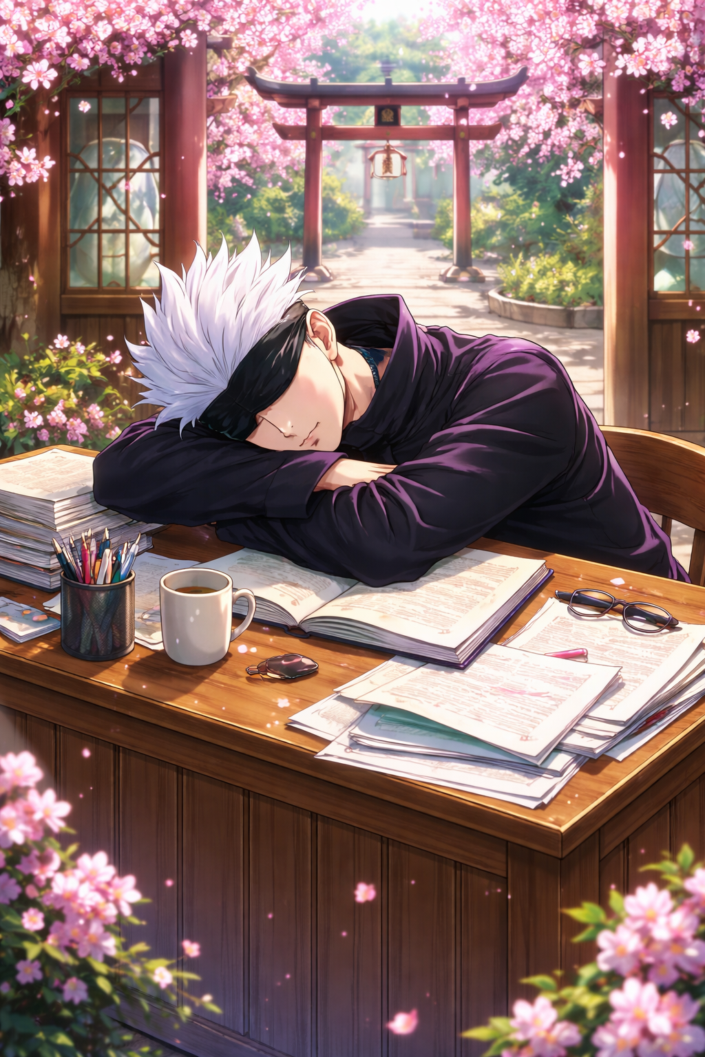 Napping soundly on a cluttered teacher's desk In a quiet Shinto shrine during cherry blossom season (vibrant anime art, sharp line work)