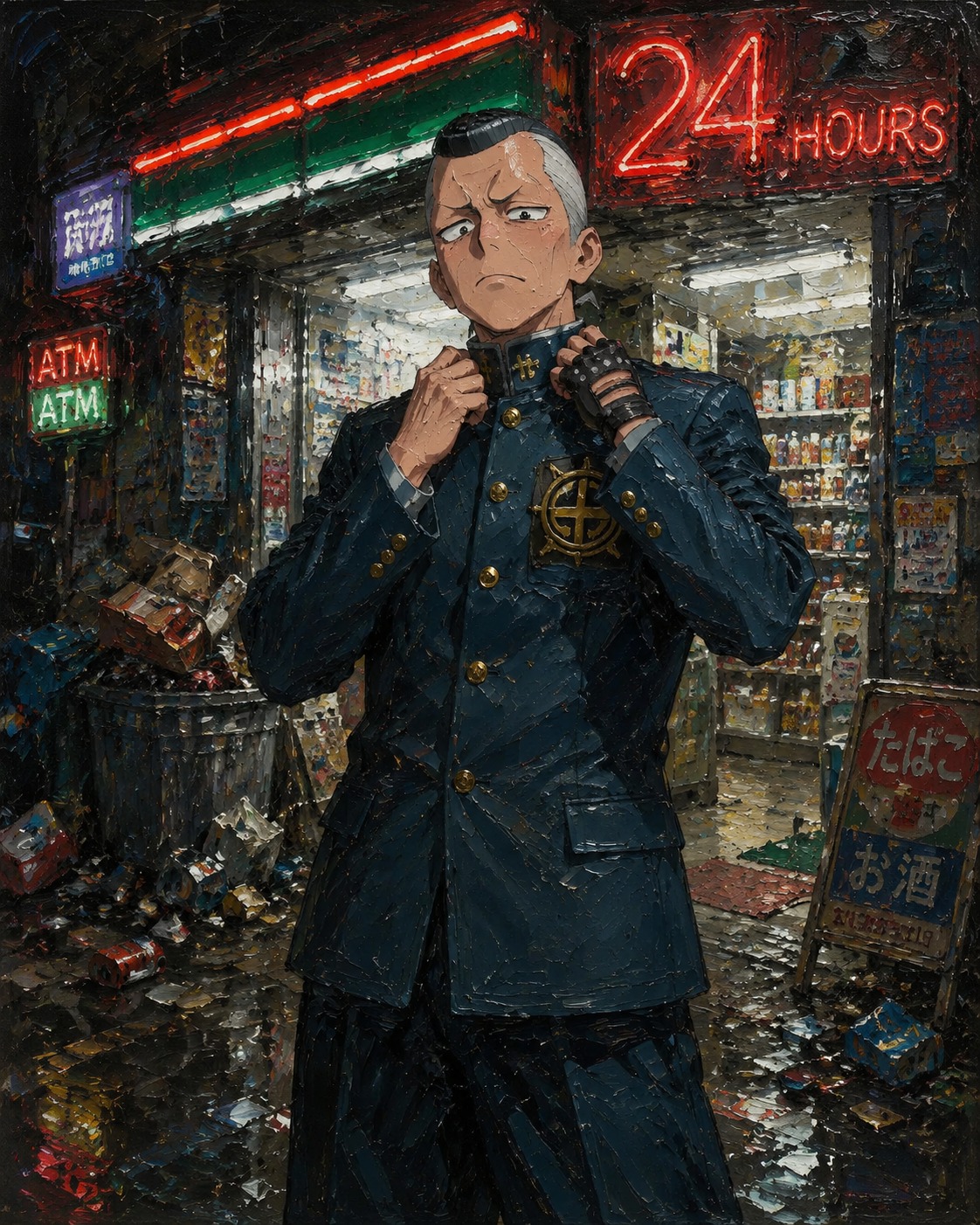 Adjusting the collar of his school blazer At a messy convenience store entrance with neon signs (gritty oil painting, thick impasto brushstrokes)
