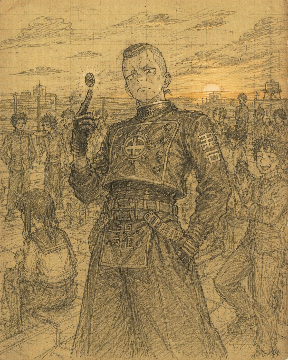 Balancing a shiny coin on his knuckle On a crowded school rooftop during sunset (rough pencil sketches on yellowed graph paper)