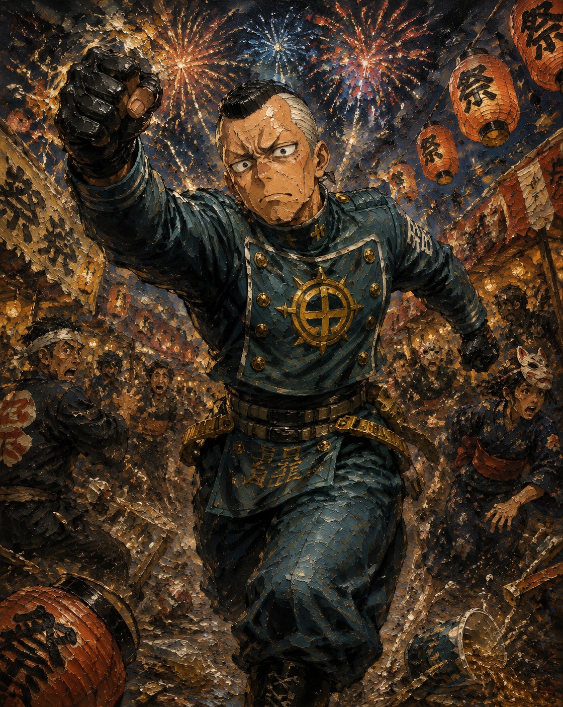 Charging forward with a raised fist At a chaotic summer festival with fireworks overhead (gritty oil painting, thick impasto brushstrokes)