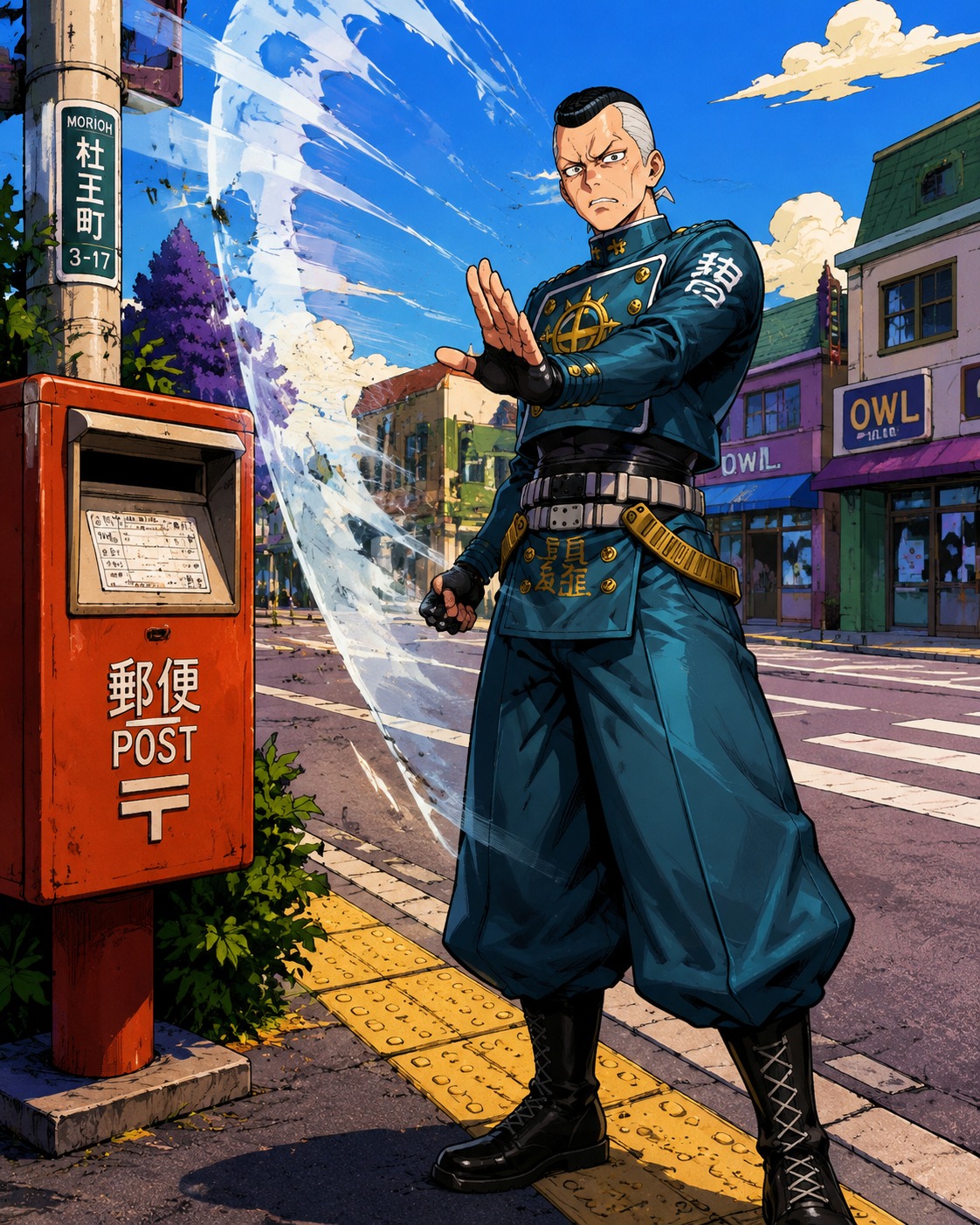 Erasing the air with a spatial swipe In a sun-drenched Morioh street beside a mailbox (90s retro anime, cel-shaded with vibrant colors)
