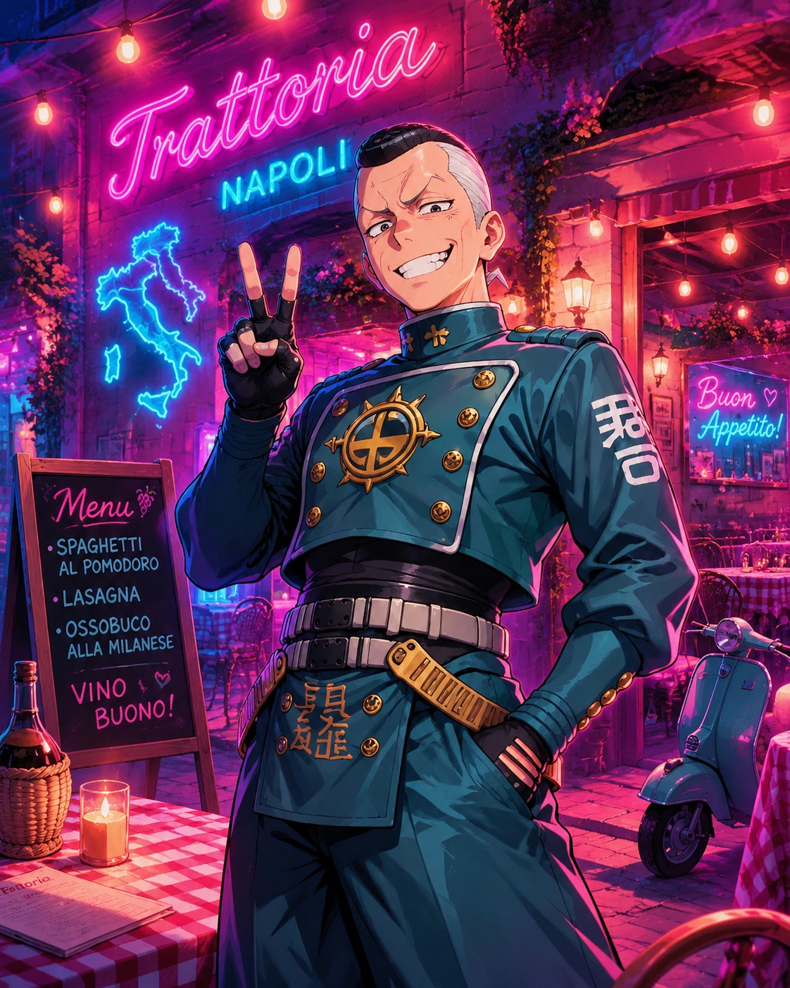 Flashing a peace sign with a wide grin At a colorful Italian trattoria under warm lights (neon vaporwave, glowing pink and cyan hues)