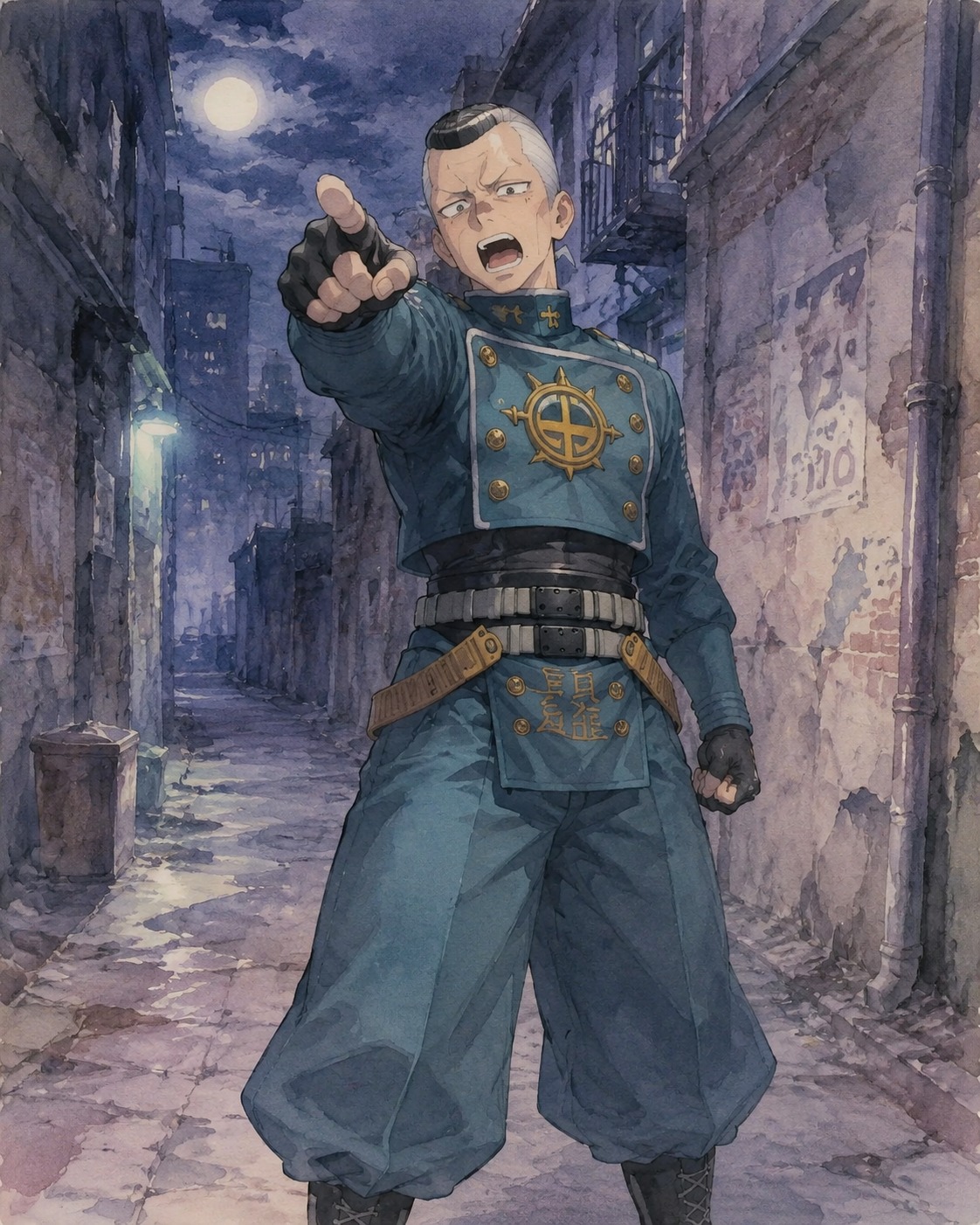 Pointing a finger while shouting an insult In a desolate urban alleyway at midnight (soft watercolor illustration, pastel tones)