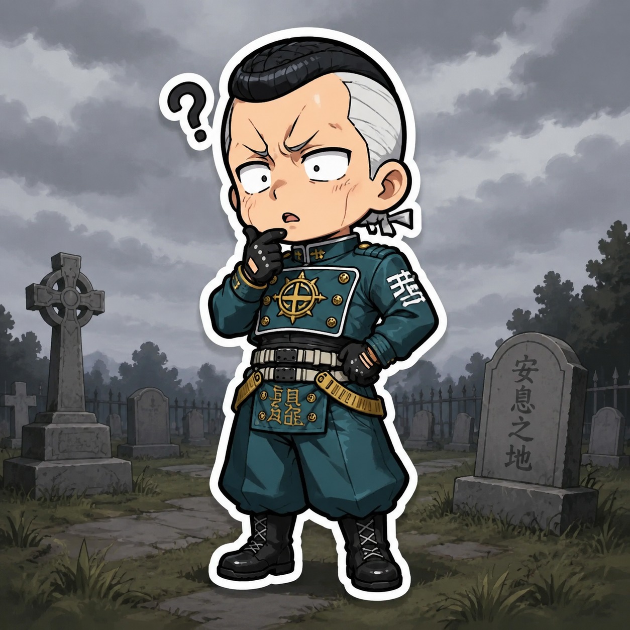 Scratching his chin in complete bewilderment In a quiet cemetery under a gray overcast sky (chibi sticker art, bold outlines and simplified shapes)