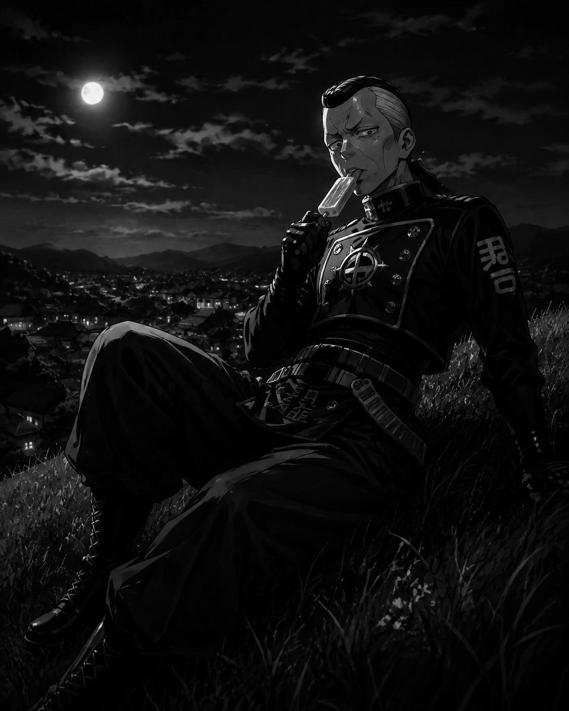 Slurping a frozen fruit pop On a grassy hill overlooking a small town (cinematic noir, high contrast with deep shadows)