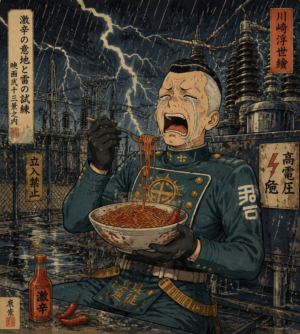 Sobbing loudly while eating spicy pasta In a high-voltage electrical substation during a storm (ukiyo-e woodblock print, traditional Japanese aesthetic)