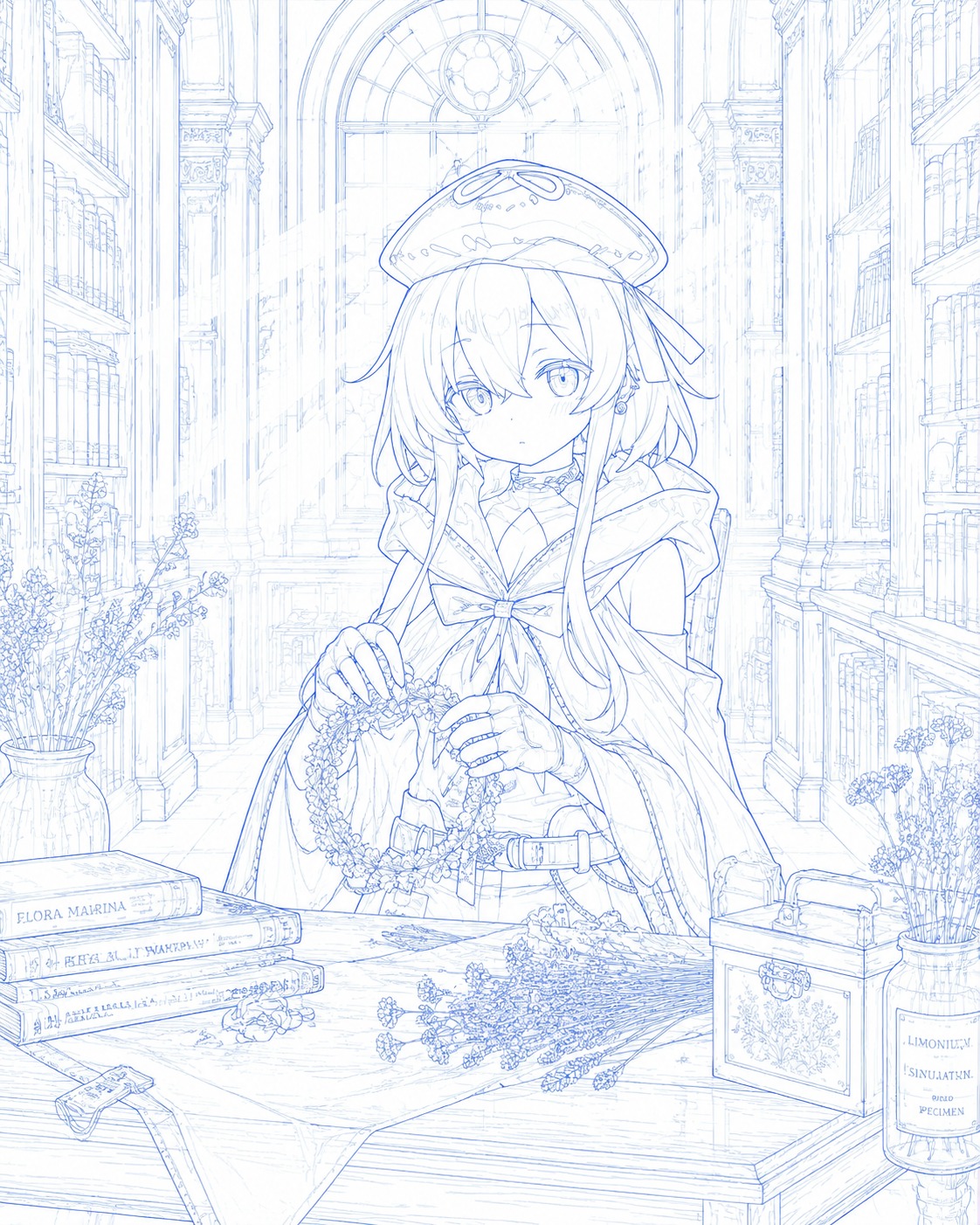 Braiding a crown of dried sea lavender flowers In a sun-drenched library between tall mahogany shelves (clean technical line art, blueprint style)