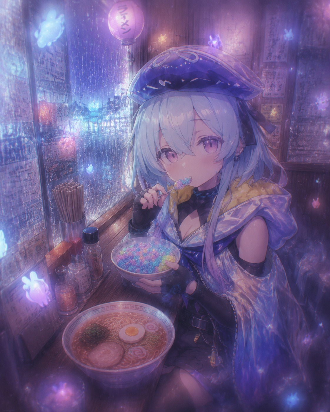 Crunching on a bowl of colorful rock candy In a cramped ramen shop during a heavy downpour (ethereal dreamcore, hazy edges and glowing particles)