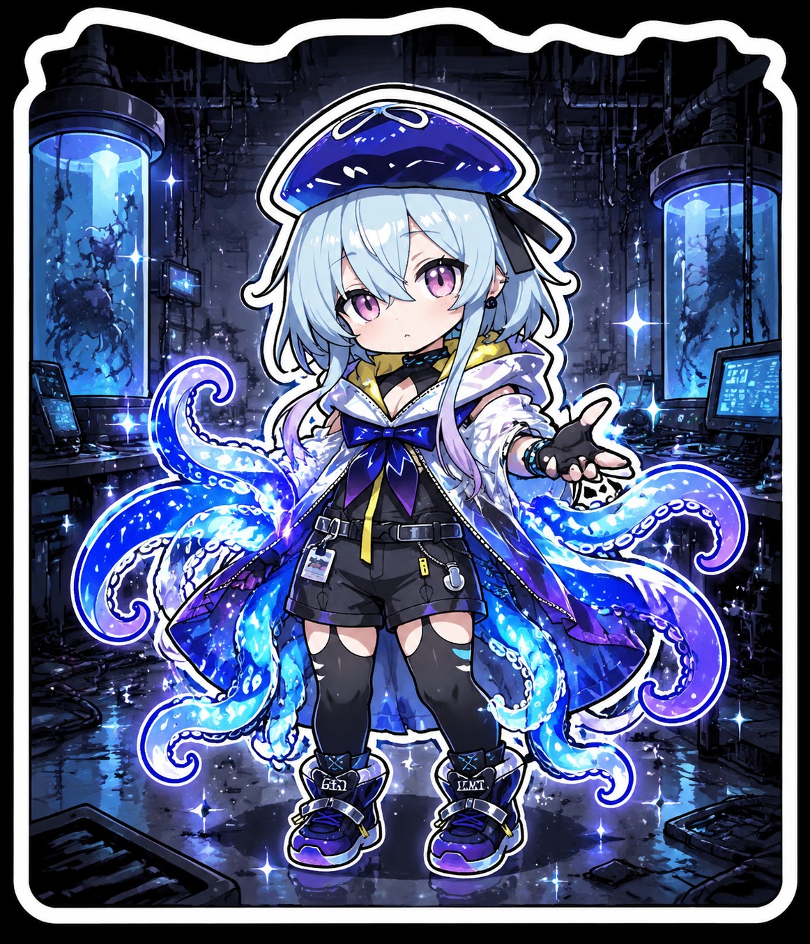 Manifesting glowing blue tentacles from beneath his coat In a deserted high-tech laboratory with glowing fluid tanks (chibi sticker illustration, bold outlines and sparkles)
