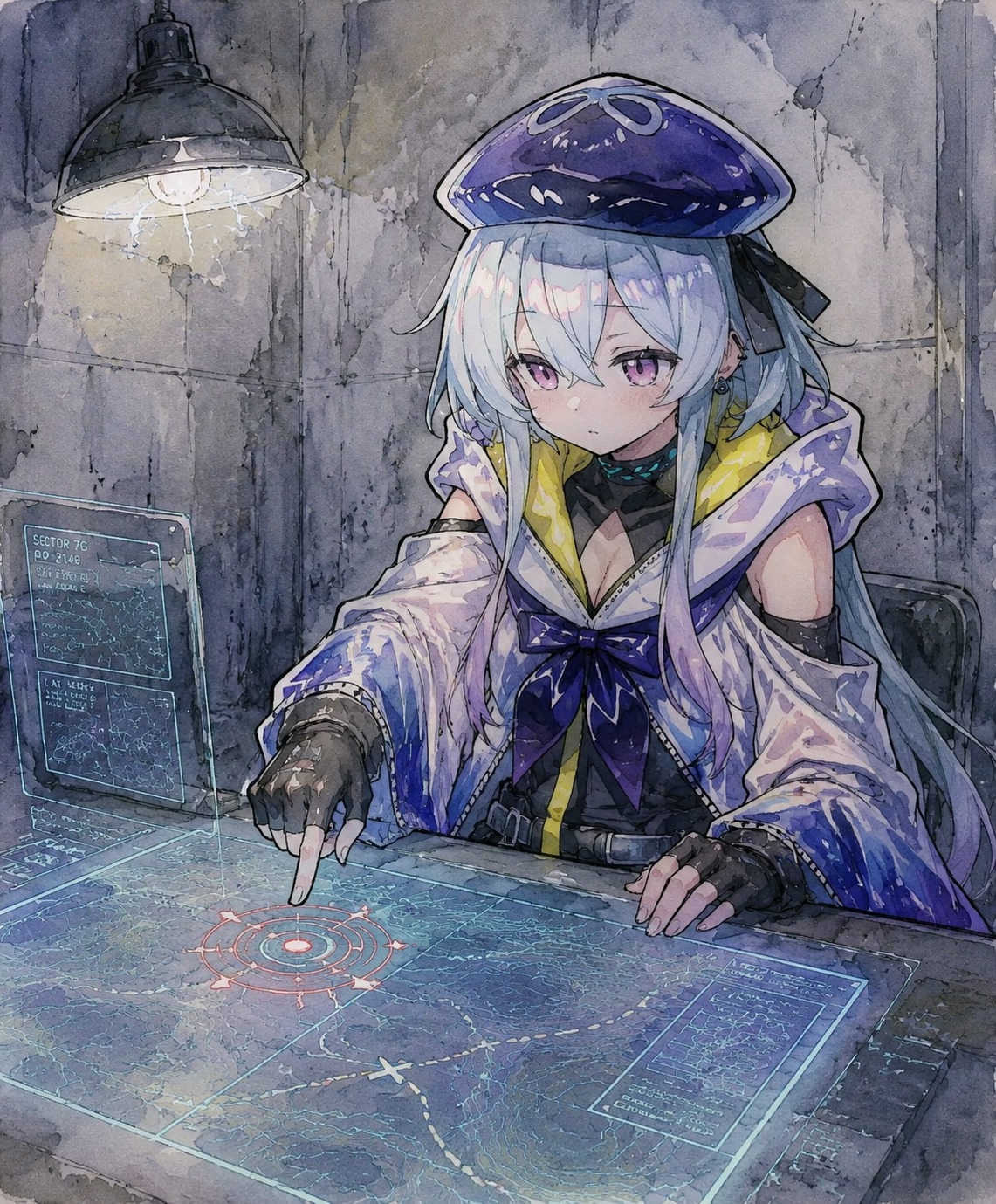 Marking coordinates on a holographic tactical map In a cold interrogation room with one flickering lamp (delicate watercolor, soft pastel wash with ink outlines)