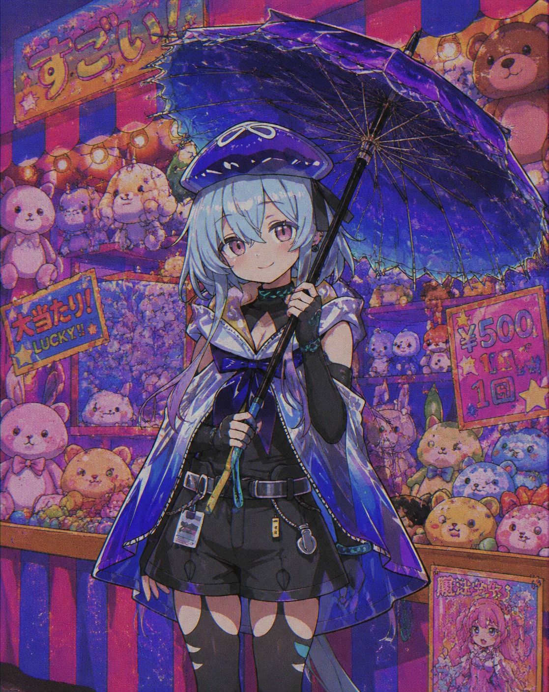 Opening his lethal blue parasol with a polite smile At a bright carnival booth filled with plush toys (vintage retro anime, grainy lo-fi aesthetic)