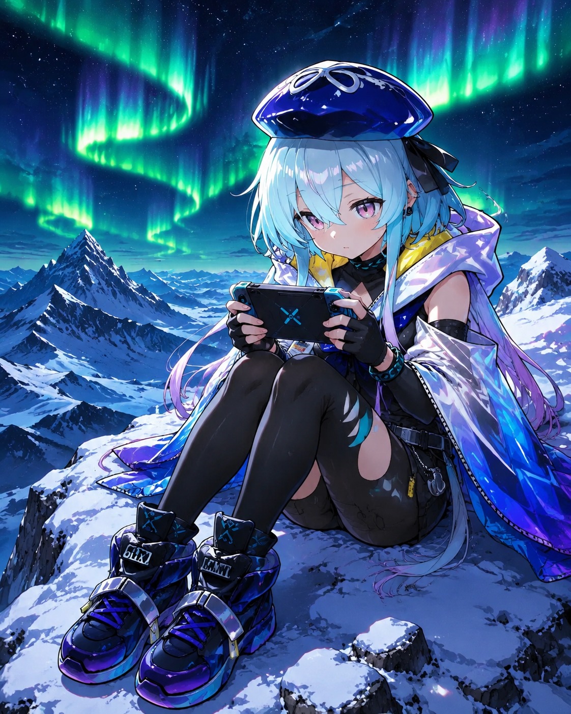 Playing a handheld video game with intense focus On a snowy mountain peak under a green aurora (sharp cel-shaded anime, vibrant saturated palette)