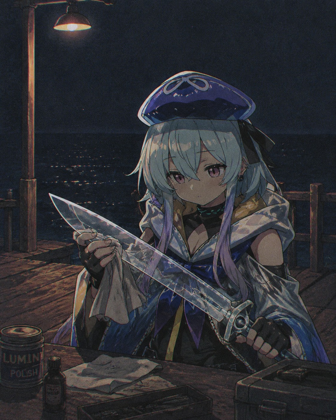 Polishing a transparent blade with meticulous care On a quiet pier overlooking a pitch-black ocean (vintage retro anime, grainy lo-fi aesthetic)