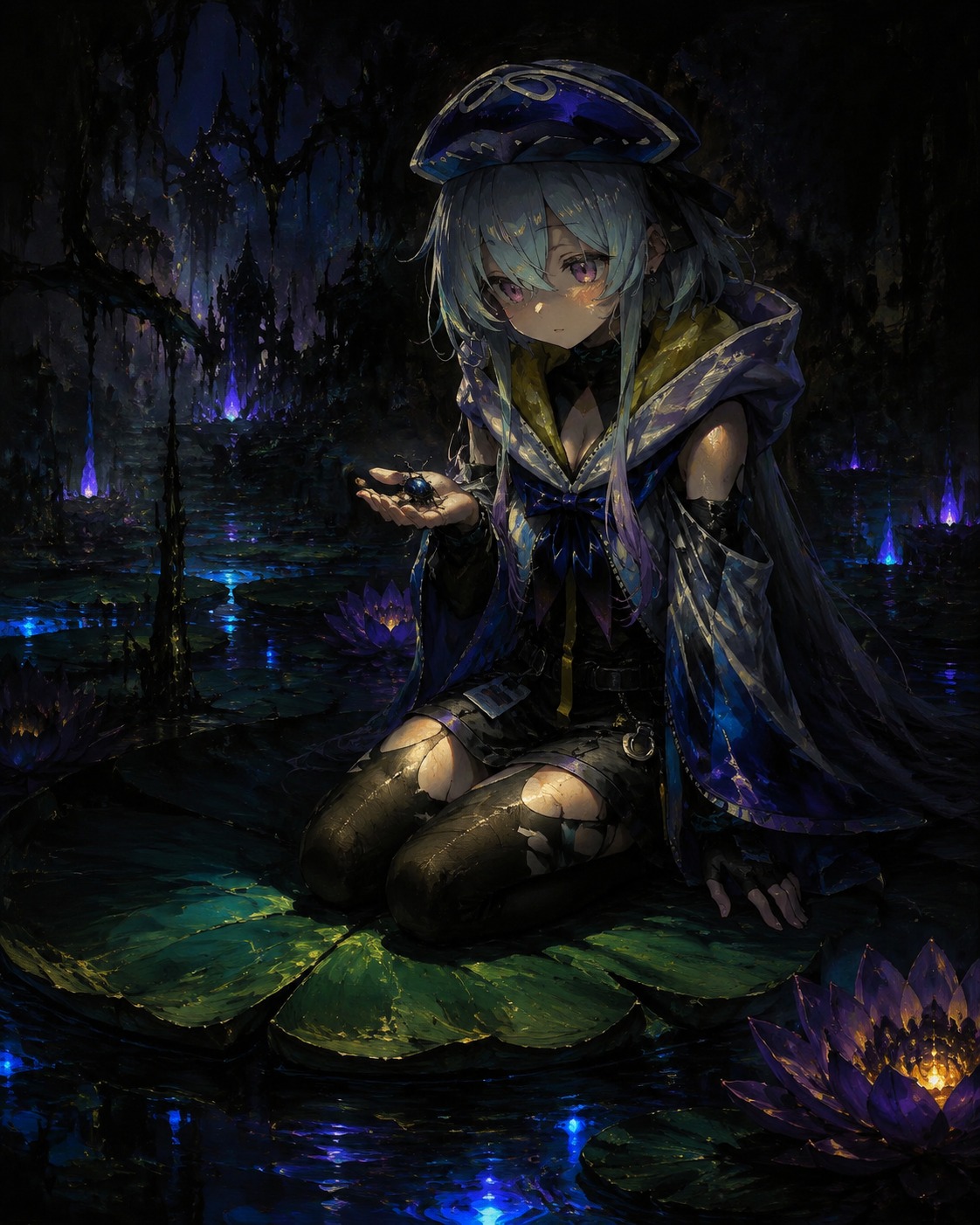 Watching a tiny beetle crawl across his palm On a giant lily pad in a bioluminescent swamp (dark gothic oil painting, dramatic chiaroscuro lighting)