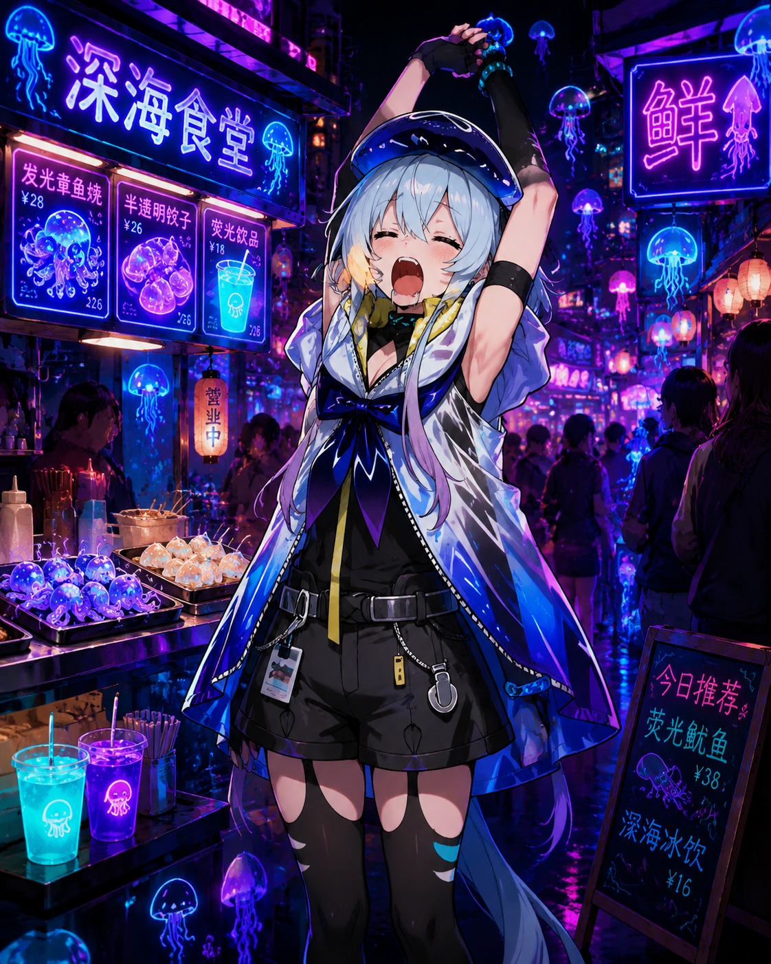 Yawning widely while stretching his arms overhead At a bustling night market food stall (bioluminescent synthwave, high contrast neon colors)