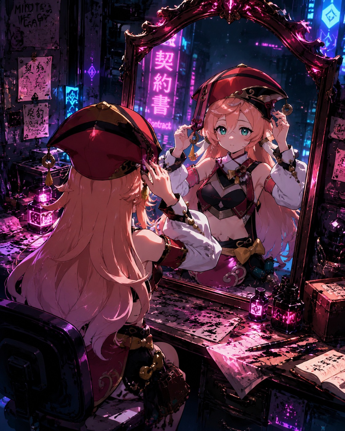 Adjusting her hat in a polished mirror At a messy desk covered in ink stains (cyberpunk neon, sharp linework, glowing accents)