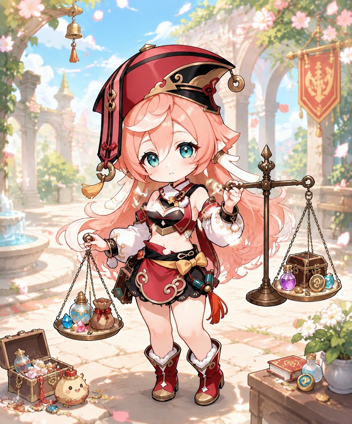 Balancing a scale with various small trinkets In a sun-drenched courtyard during springtime (chibi style, vibrant pastel colors)