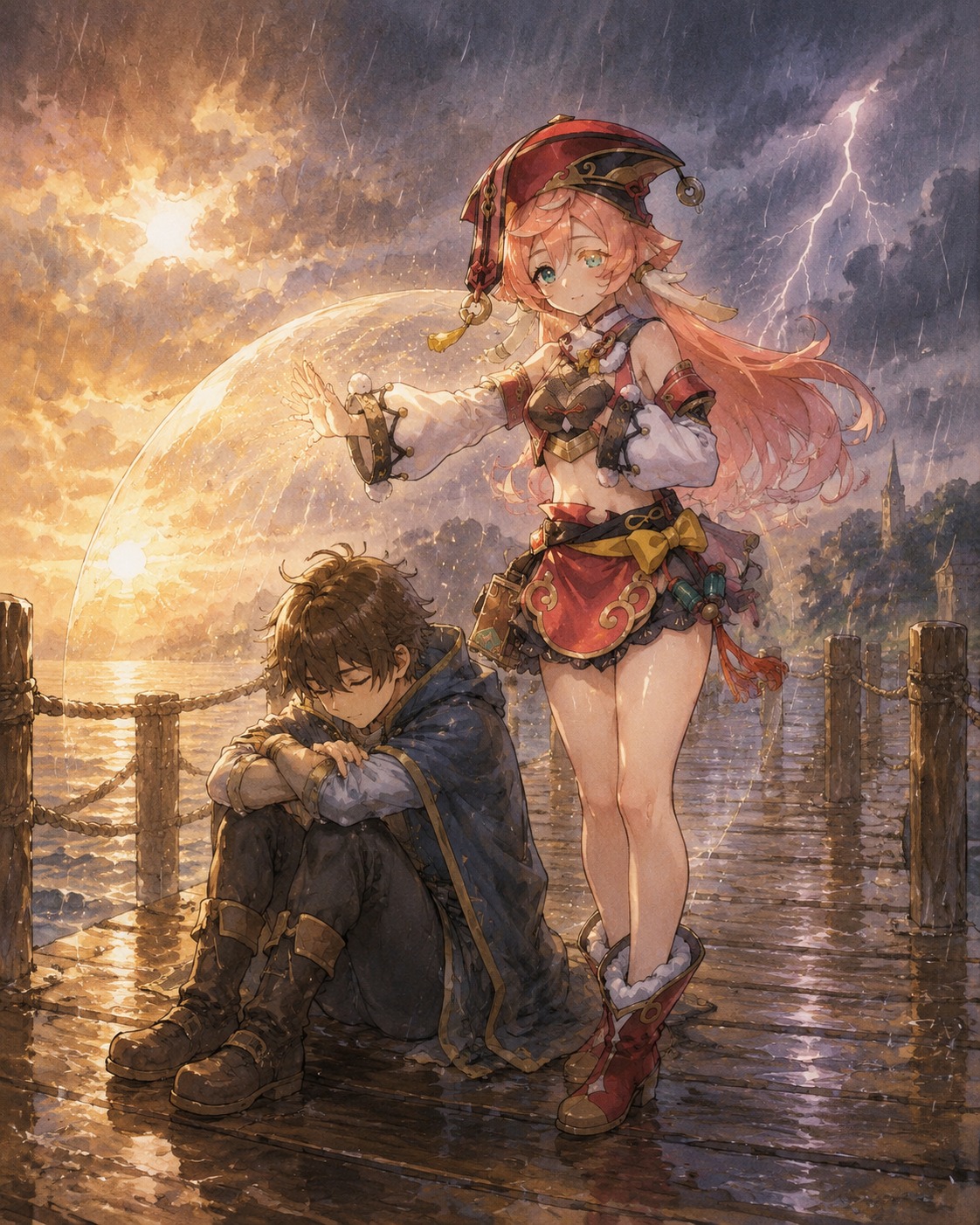 Casting a protective shield over a client On a wet wooden pier during a thunderstorm (soft watercolor anime, warm sunlight)