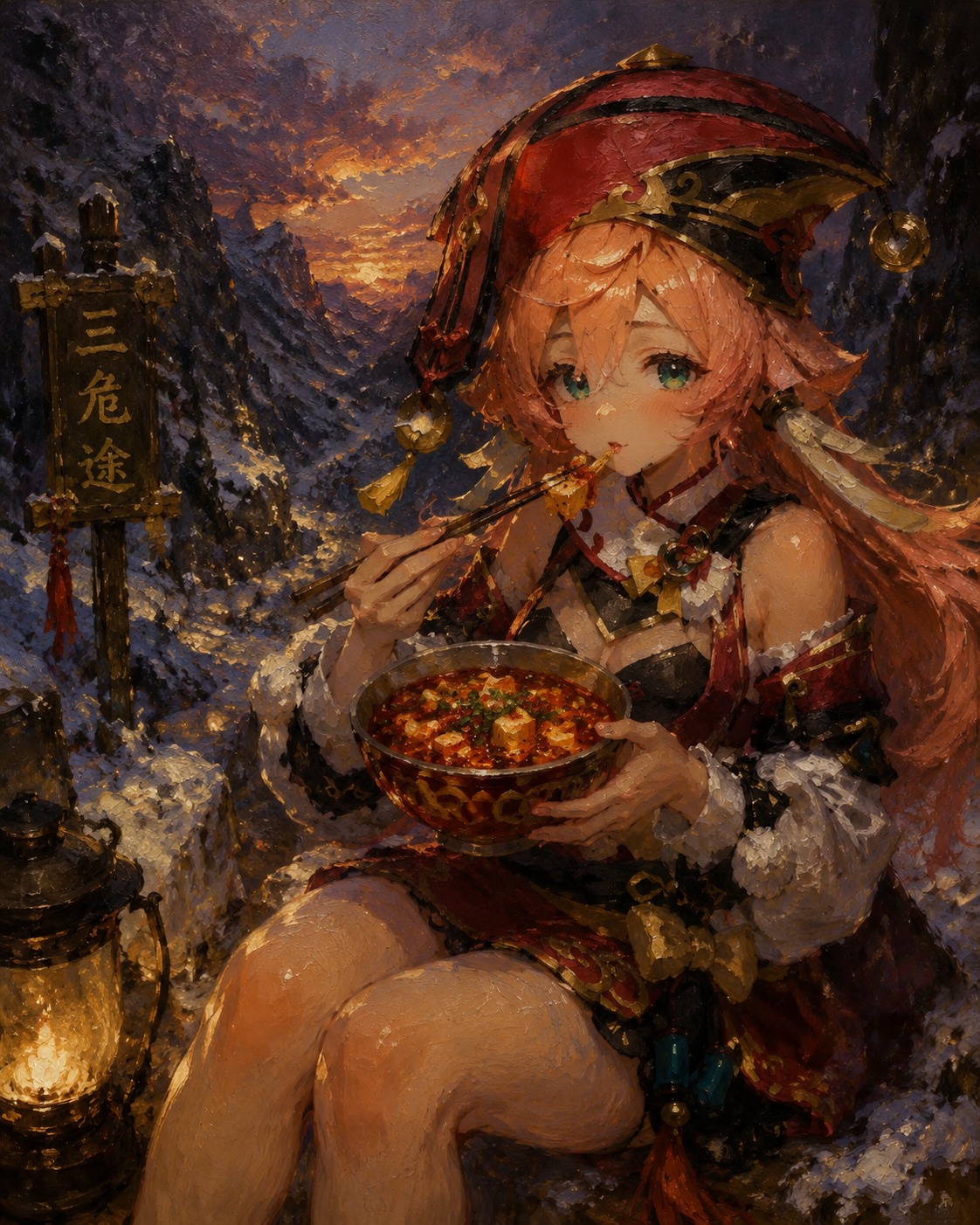 Eating a bowl of spicy tofu In a snowy mountain pass at twilight (oil painting, textured brushstrokes, baroque style)