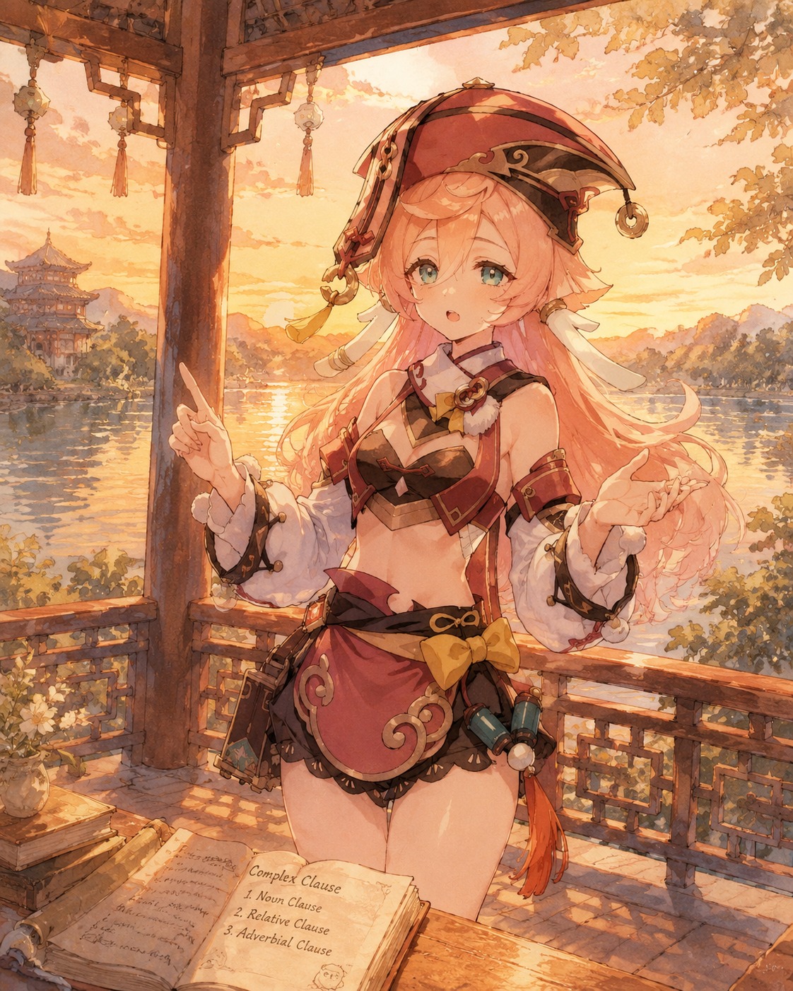 Explaining a complex clause with hand gestures At a lakeside gazebo during a golden sunset (soft watercolor anime, warm sunlight)