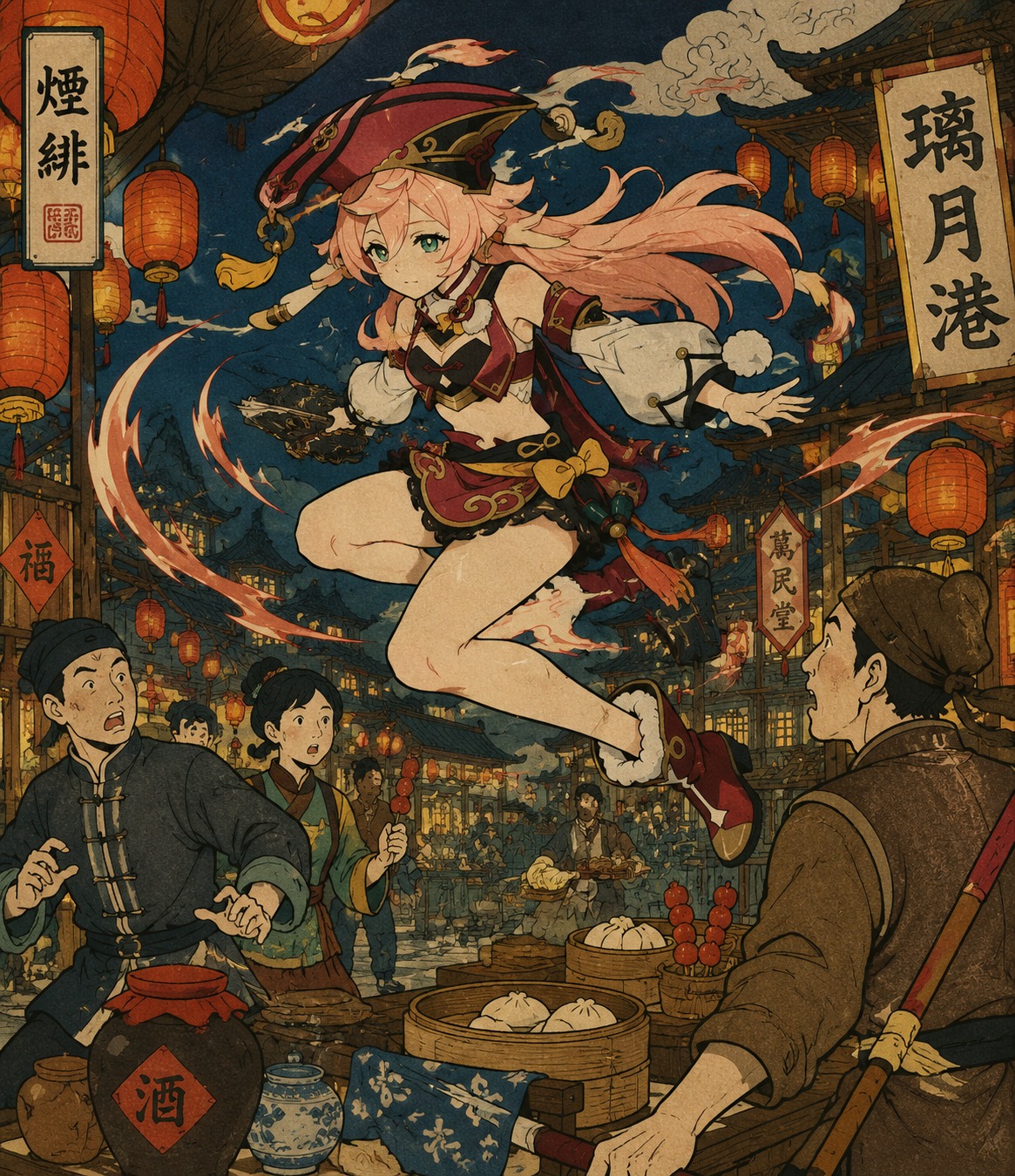Leaping through the air during combat At a bustling night market stall in Liyue (ukiyo-e print, flat colors, bold outlines)