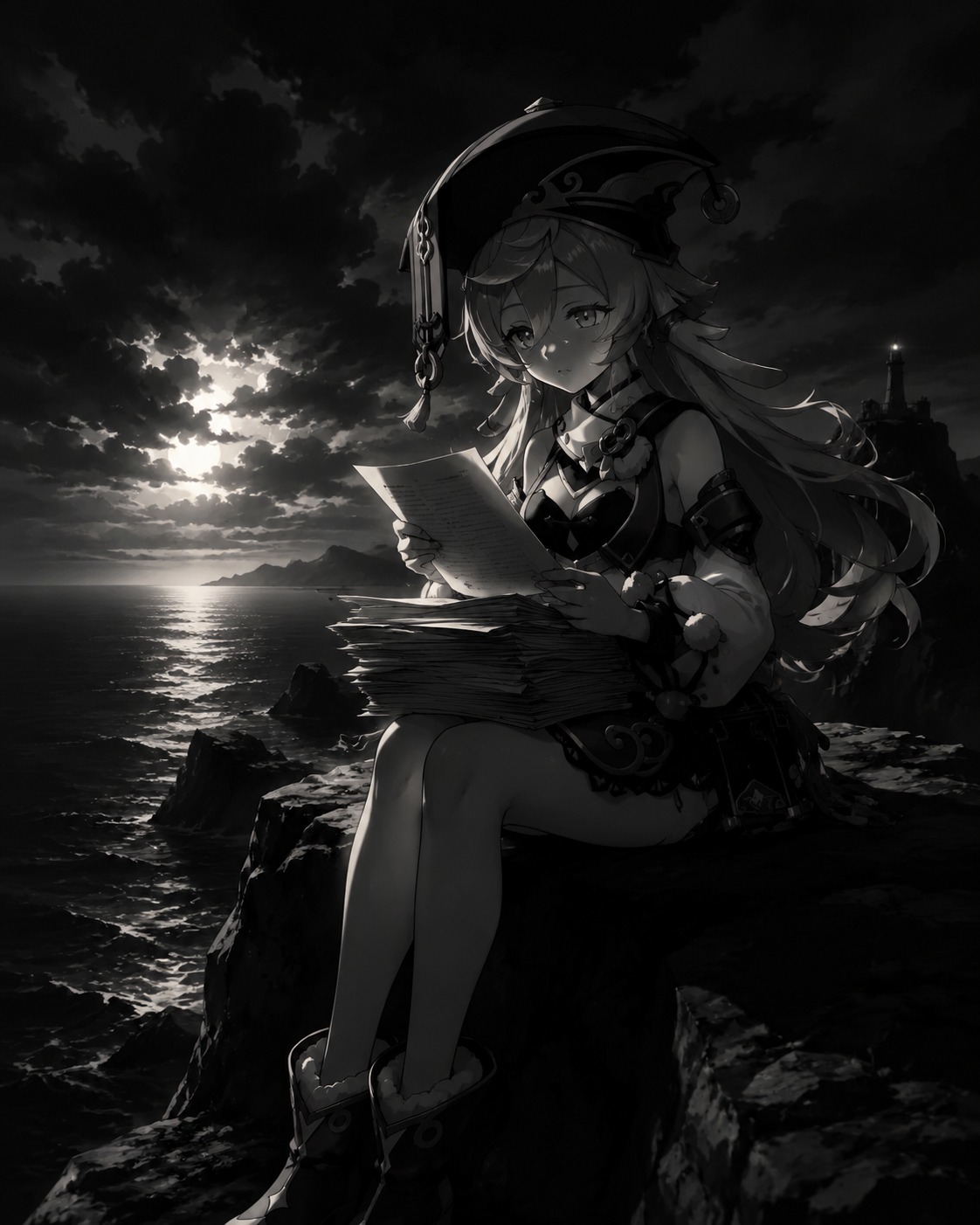 Reviewing a thick stack of legal documents On a rocky cliff overlooking the sea (cinematic noir, high contrast shadows)